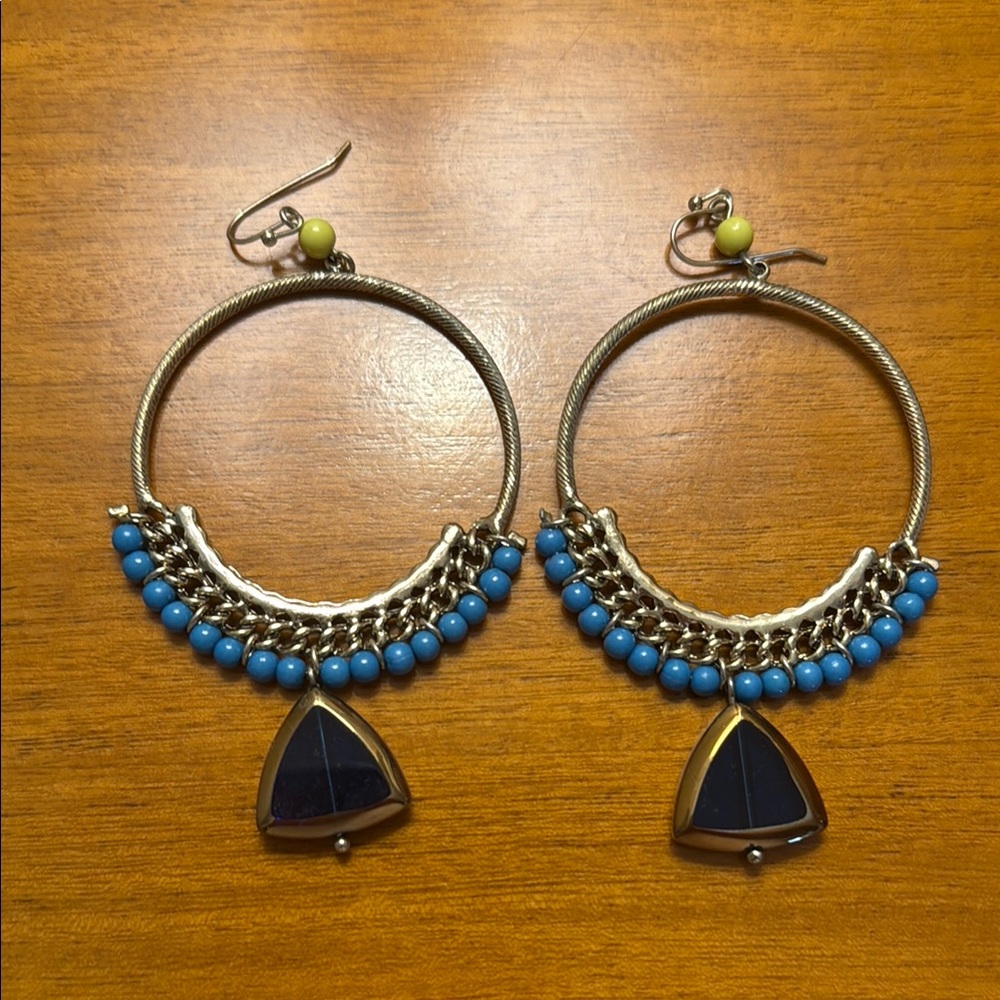Blue and Gold Beaded Hoop Earrings
